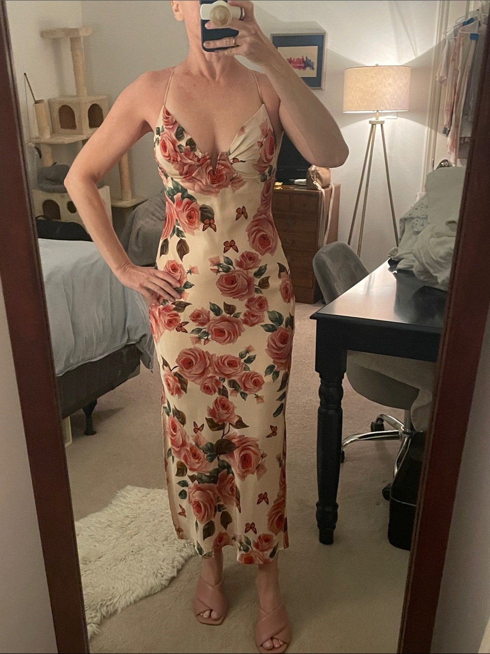 Vici Pale Pink Floral Slip Midi Dress with Rose and Butterfly Print